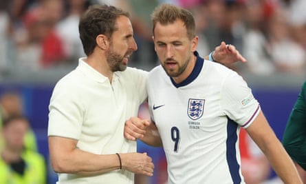 England head coach Gareth Southgate and Harry Kane of England during the match against Denmark