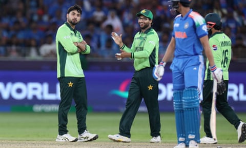 Pakistan’s Abrar Ahmed celebrates after taking the wicket of India’s Shubman Gill