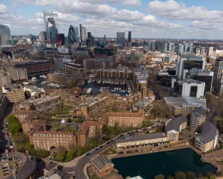 St Katharine’s Estate, Wapping, near dock, with City skyscrapers in background