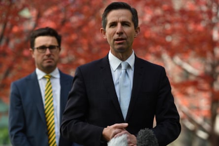 Agriculture minister David Littleproud and trade minister Simon Birmingham during a press conference at Parliament House.