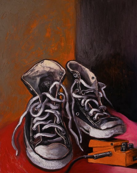 painting of a pair of black shoes and red object on a red backdrop