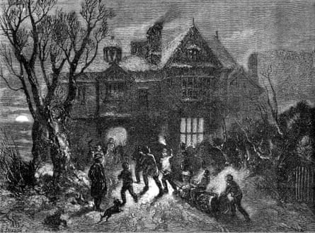 Woodcut of children dragging a giant burning log towards a house