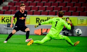 Timo Werner (here scoring against Cologne) joined RB Leipzig in 2016 and has scored 31 goals in all competitions this season.