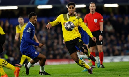 Jude Bellingham in action for Borussia Dortmund at Chelsea this week.