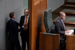 The leader of the House Christian Porter talks to Opposition leader Anthony Albanese during question time