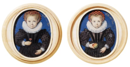 Miniatures of unknown girls aged five, left, and four by Isaac Oliver, 1590.
