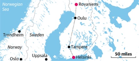 Route of the Santa Claus Express train relative to other countries and cities. Map