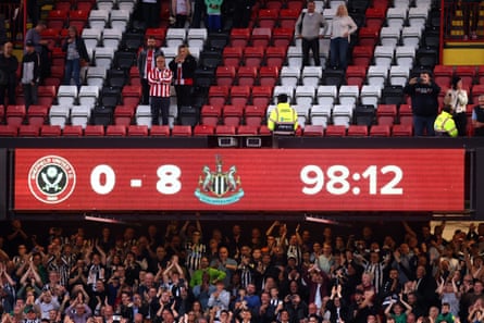 24 September 2023 The scoreboard at Bramall Lane tells the story as Newcastle fans celebrate their hammering of Sheffield United.