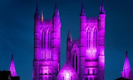 Lincoln Cathedral illuminated in purple