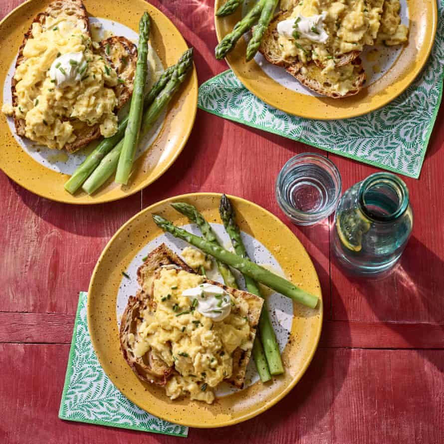 Adam and Rosie’s scrambled duck eggs with English asparagus. Prop styling: Kate Whitaker. Food styling: Justine Pattison.