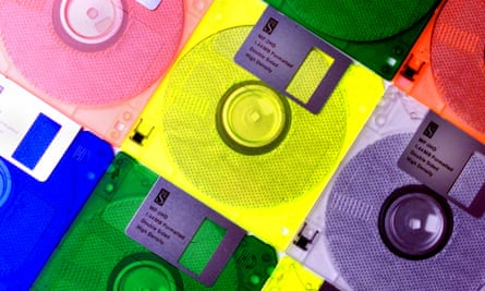 brightly coloured floppy disks laid out in a grid