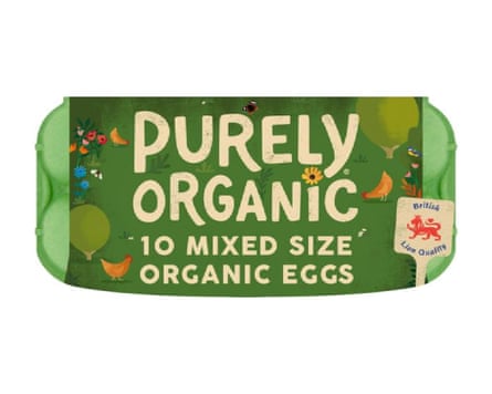 A green box of 10 Asda Purely Organic Mixed Weight Eggs