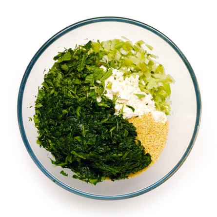 Fry your onions, then add feta, herbs and bulgur wheat to your well-wrung spinach...