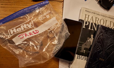 Harris’s belongings on his dressing room counter, including his wedding rings which are kept in a plastic bag for the duration of the show