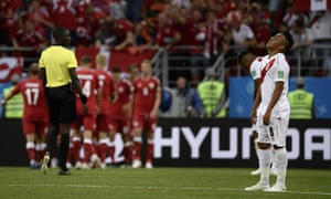 Christian Cueva reacts to Denmark’s goal. The Peru midfielder missed a first-half penalty.