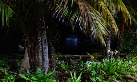 A view through palm trees out to open water, and a fishing boat, with the trees lit brightly from behind.