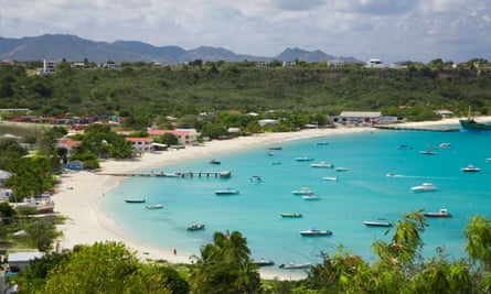 Bay area and seaside, with pleasure craft dotting the bay, in Anguilla, Caribbean.
