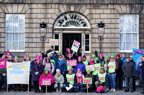 Members of the EIS, the Scottish teaching union, demonstrating outside Bute House in Edinburgh today as teachers from secondary schools in Scotland are on strike.