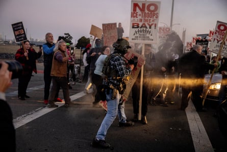 Protesters at the entrance to the Coast Guard Island Alameda.