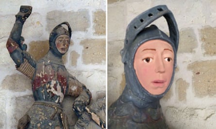 The 16th-century wooden figure of St George in Estella before and after its restoration.
