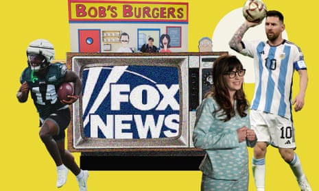 collage shows TV with fox news logo, sports stars, bob's burgers image, zooey deschanel