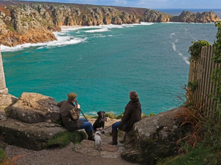 Porthcurno Bay and Logan Rock, Cornwall.