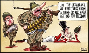 Ben Jennings cartoon, 21/3/22: Gove, Johnson and Rees-Mogg in military outfits, 'fighting for freedom'