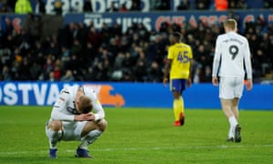 Swansea City’s Jay Fulton looks downcast after a missed chance against Birmingham