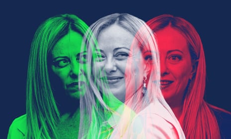 A composite showing three images of Giorgia Meloni in the red, white and green colours of the Italian flag