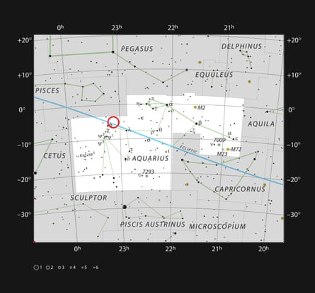 This chart shows the stars visible to the naked eye in the constellation of Aquarius. The position of the ultracool dwarf star Trappist-1 is marked. Although it is relatively close to the Sun it is very faint and not visible to the naked eye or through small telescopes.