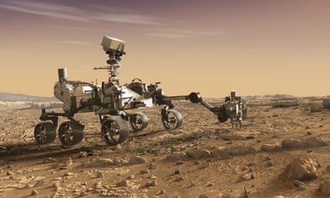 Rover on six wheels with probe out front on rocky surface.