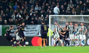 Christian Eriksen (left) scores Tottenham’s second goal against Juventus from a free-kick.