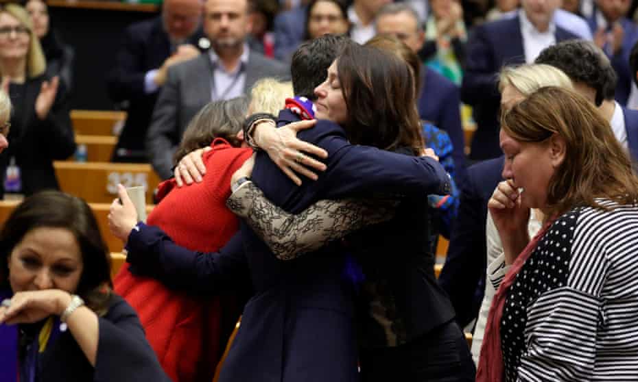 Emotional British MEPs embrace inside EU chambers