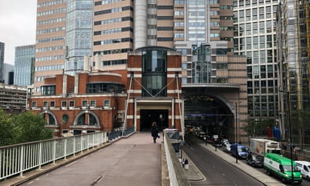 Drawbridge-like pedway entrance into Alban Gate. Pedways, elevated walkways in the City of London