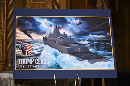 A concept rendering of the proposed Trump class USS Defiant is displayed as at Mar-a-Lago in Palm Beach, Florida.