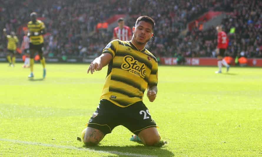 Watford's Cucho Hernández celebrates scoring his second goal at Southampton