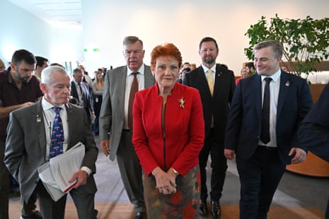 Pauline Hanson with One Nation MPs at a press conference at Parliament House in Canberra