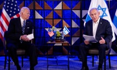 Joe Biden and Benjamin Netanyahu on stage in front of Israeli and American flags