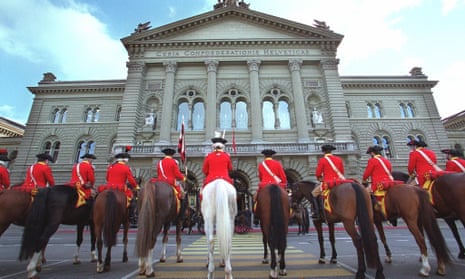 Mounted guards in front of the House of Parliament in Bern, Switzerland.