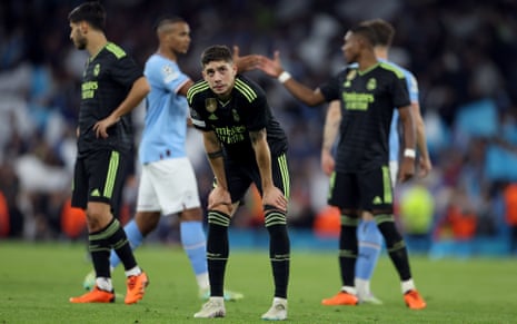 Federico Valverde looks to the sky after Real Madrid after Real Madrid’s humbling Champions League exit to Manchester City.