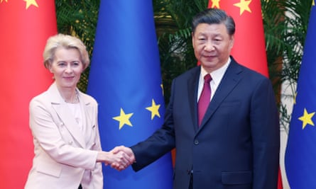 Xi Jinping and Ursula von der Leyen shake hands at the Great Hall of the People in Beijing