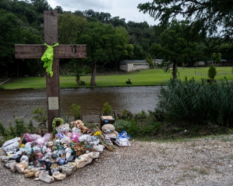 A memorial for the victims of the Camp Mystic flood stands in Hunt, Texas, in July.