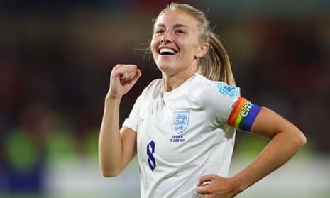 Leah Williamson celebrates England’s semi-final win over Sweden.