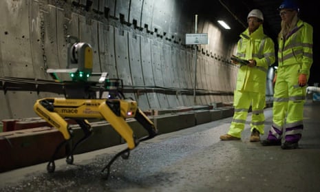 Dave the robot dog at Heathrow airport, where it is being used to improve efficiency on construction projects.