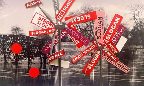 Illustration with flooding, wind turbines and red banners featuring the word 'slogan'