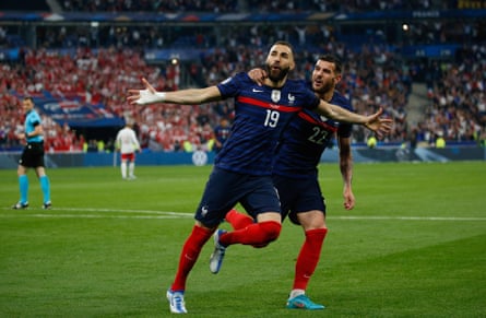 Karim Benzema celebrates scoring for France