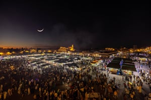 An elevated night time view over Jemaa el Fna