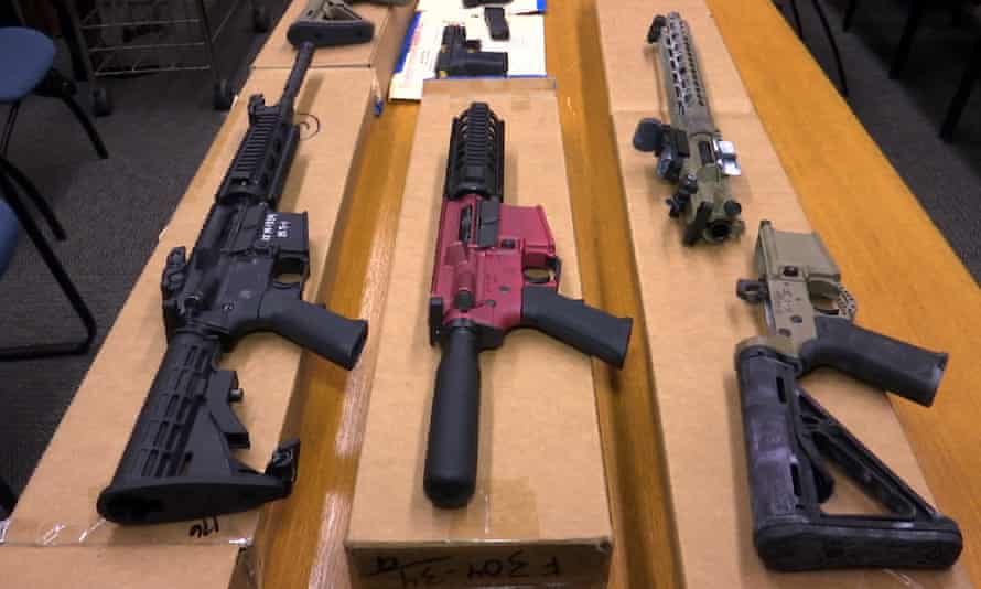 “Ghost guns” are displayed at the headquarters of the San Francisco Police Department in San Francisco on November 2019.
