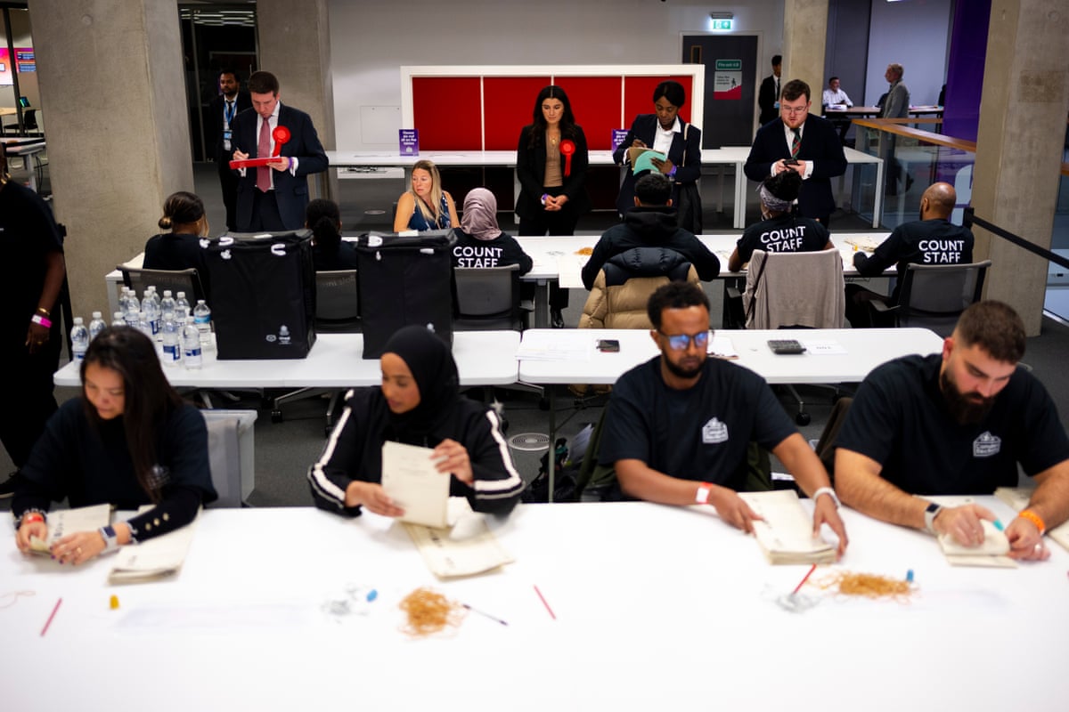 Ballot papers are counted by staff at the count for the Holborn and St Pancras byelection