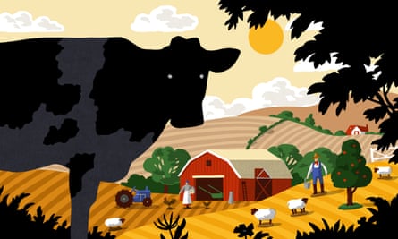 An illustration of a cow and a farm in the background.